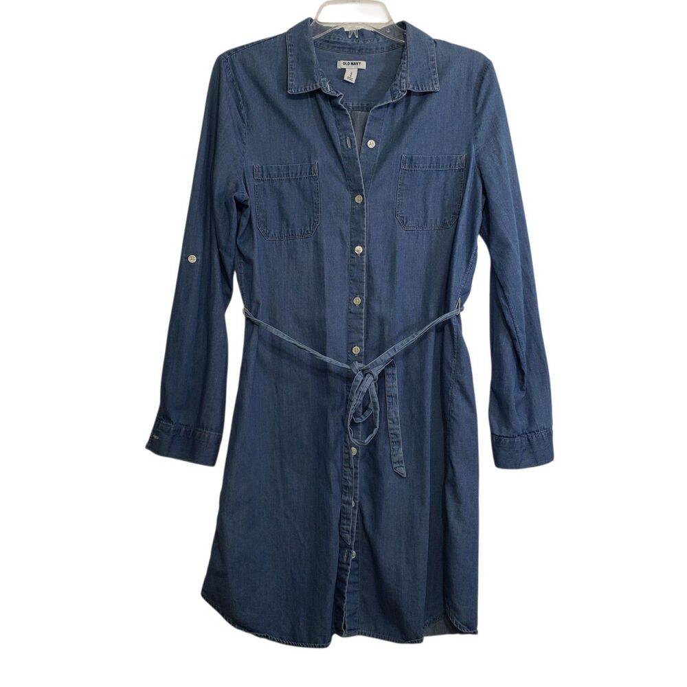 Old Navy Women's Blue Denim Button Down Midi Dress with Belt, Size Medium